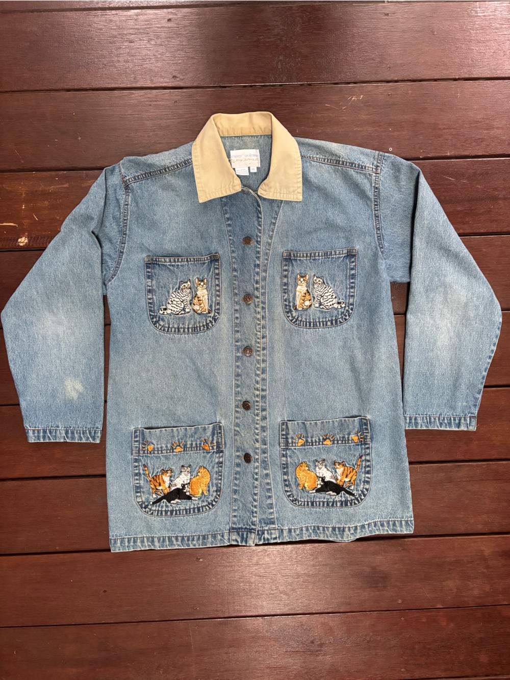Vtg Casey Coleman Denim Jean Cat Embroidered Button-Up Chore Jacket Cottage M/L